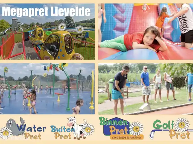Zon of regen, altijd pret!
Megapret is een buiten en binnenspeeltuin waar voor groot en klein van alles te beleven valt. Er is een binnenspeeltuin van 1500 m2, en de buitenspeeltuin met verkeerplein, waterspeelplein en een 18 holes adventure golfbaan is maar liefst 20.000 m2.